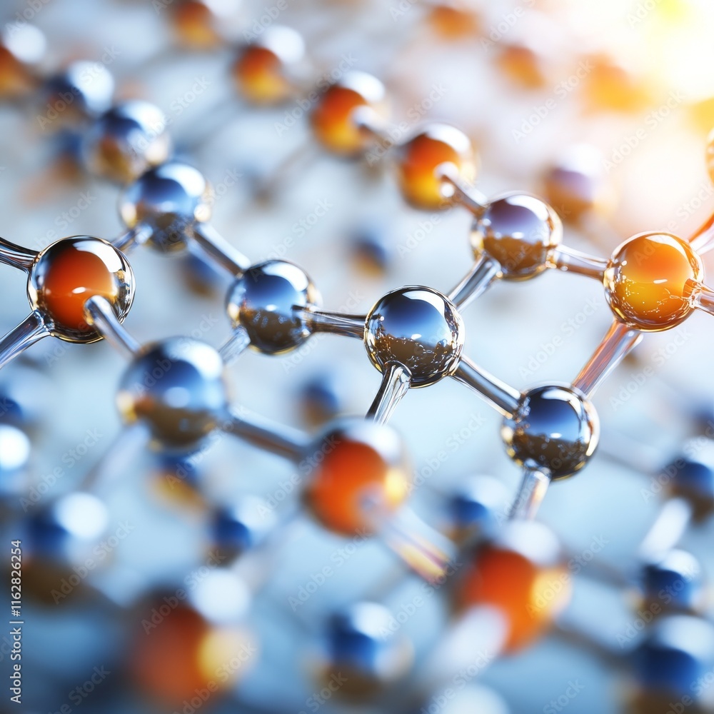 Poster close-up of a vibrant molecular structure showcasing intricate connections and reflections in a dyna
