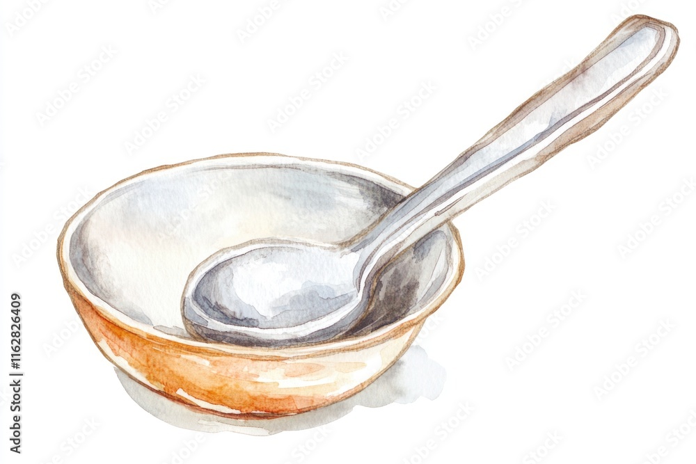 Poster a simple still life image of a bowl with a spoon inside