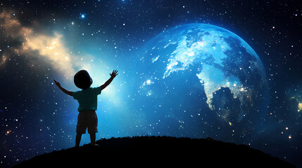 Obraz premium A child reaches out to the starry sky on a fabulous journey around the world. Starfall. Illustration