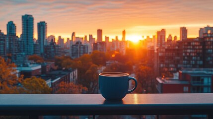 A lone coffee cup sits atop a ledge against a background of trees and high-rise buildings at sunrise.