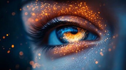 Close-up of a vibrant eye glowing with golden sparkles