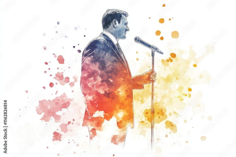 Poster a man in a suit standing at a microphone, giving a presentation or speech