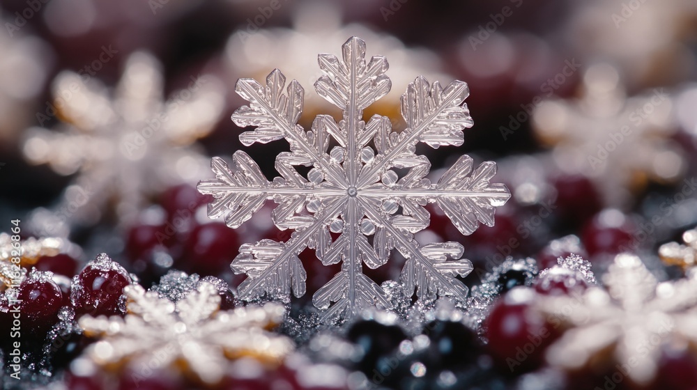 Poster A single snowflake sits delicately on top of a pile of cranberries, making for a unique winter scene