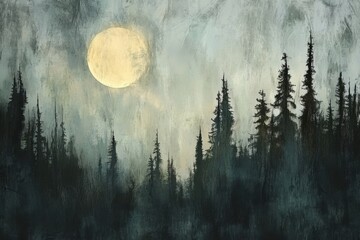 Enigmatic Forest Silhouette Under Moonlight with Soft Clouds in Impressionist Digital Art Style Capturing a Mystical Night Scene