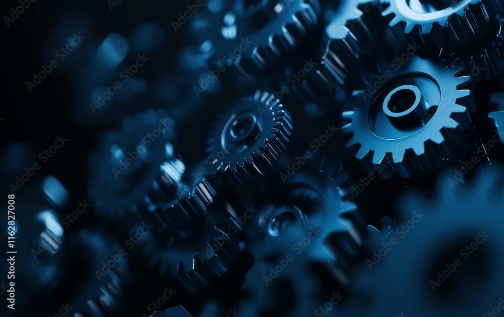 Poster close-up of intricately designed blue gears, showcasing the precision and complexity of mechanical e