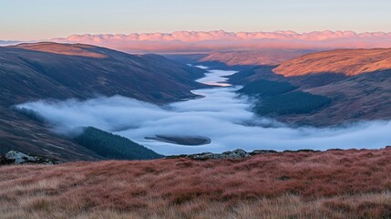 Obraz premium Misty Valleys with Winding Rivers at Dawn