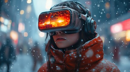 A woman in a vivid coat wearing VR goggles in a cityscape snowstorm is deep in virtual reality.