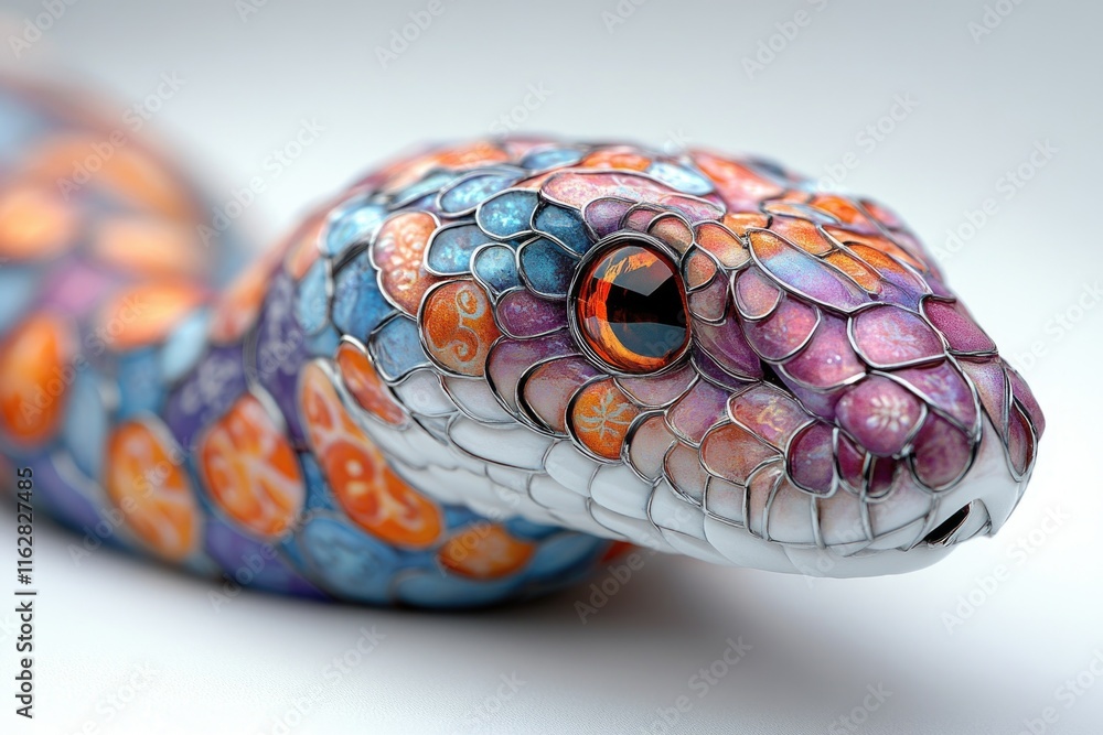 Poster a close-up shot of a colorful snake's head with intricate patterns and texture