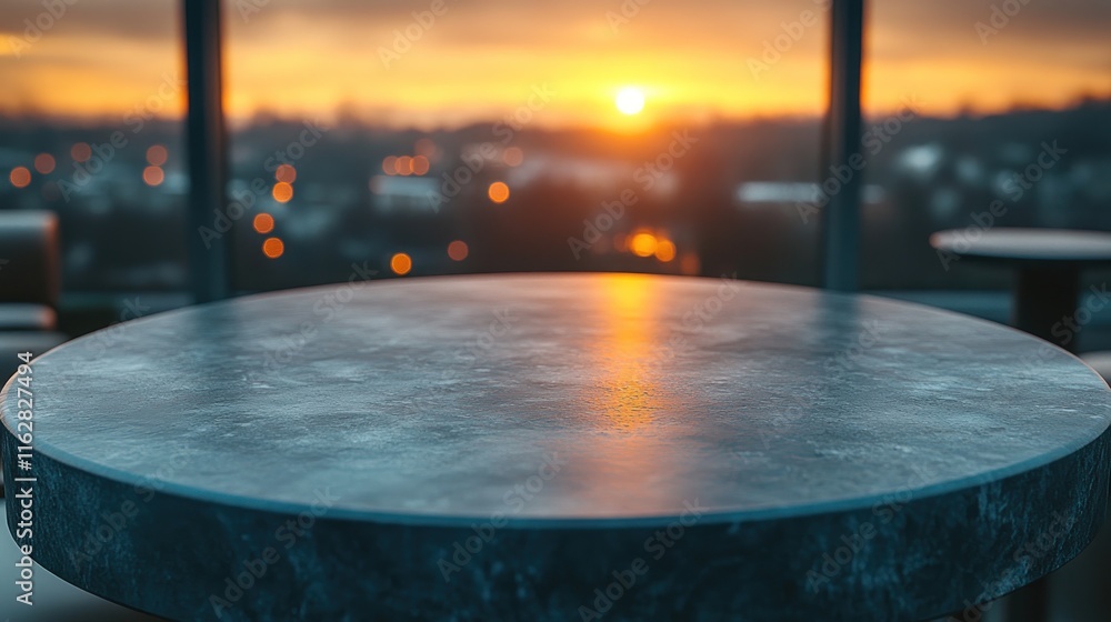 Poster rooftop sunset view with empty round table.
