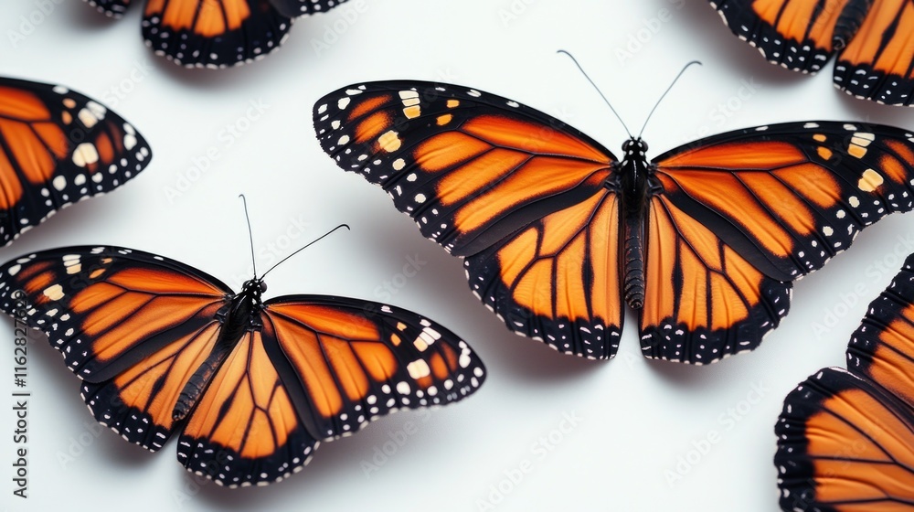 Poster a cluster of orange butterflies perched on a white surface, providing a pop of color and whimsy