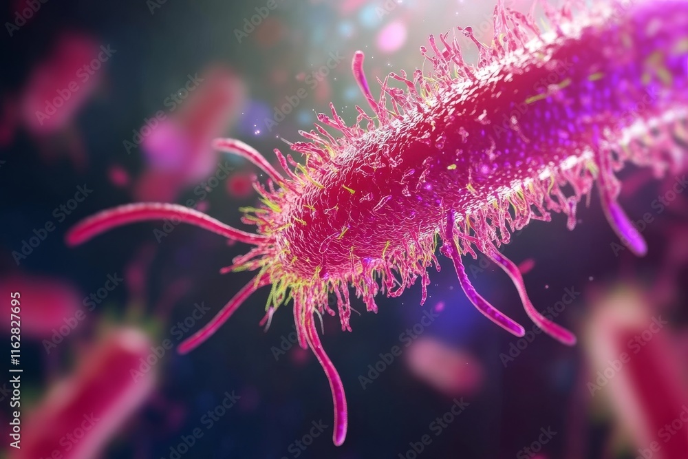 Poster close-up view of a colorful bacterium, showcasing intricate structures and vibrant colors in a micro