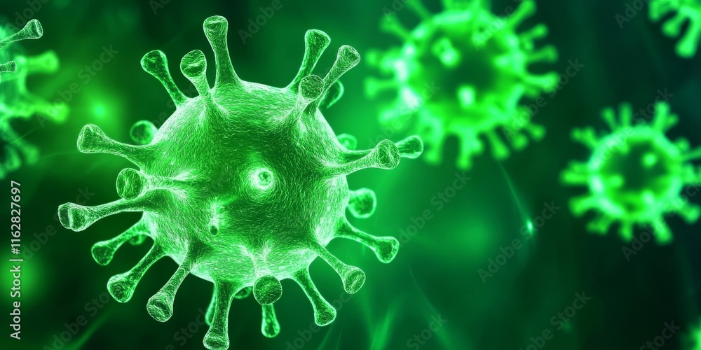 Poster close-up view of a green virus with intricate details and structures, showcasing the microscopic wor