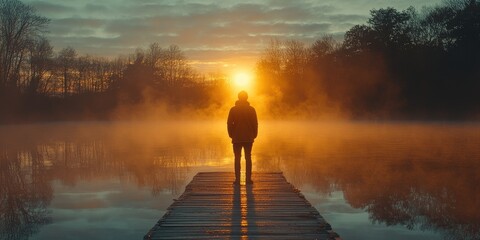 Fototapeta premium A person stands on a wooden pier by a misty lake with an orange sunset creating a serene scene.