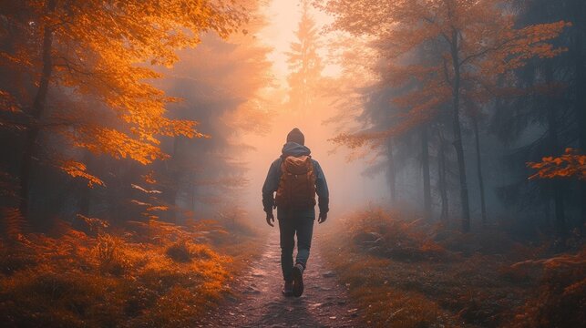 A lone hiker with backpack walks through a misty, autumnal forest path, surrounded by orange leaves.