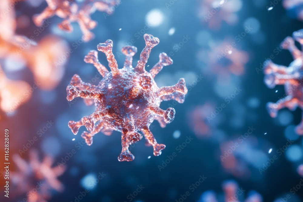Poster close-up view of a virus particle, showcasing intricate textures in vibrant colors for educational a