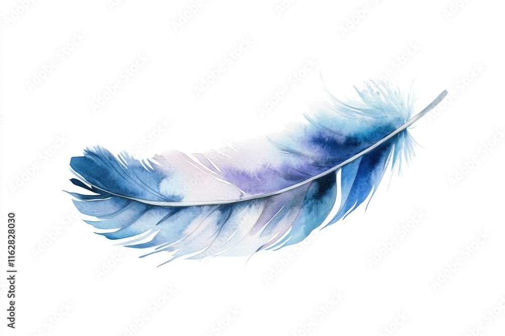 Poster a delicate watercolor painting of a single feather on a white background, perfect for design and edi