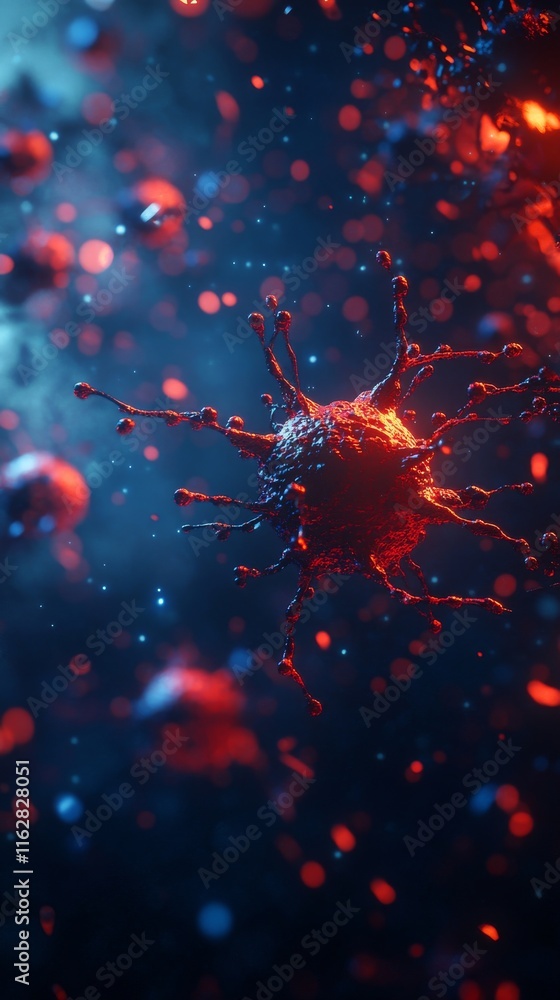 Poster close-up view of a virus with vibrant colors, showcasing intricate details of its structure in a mic