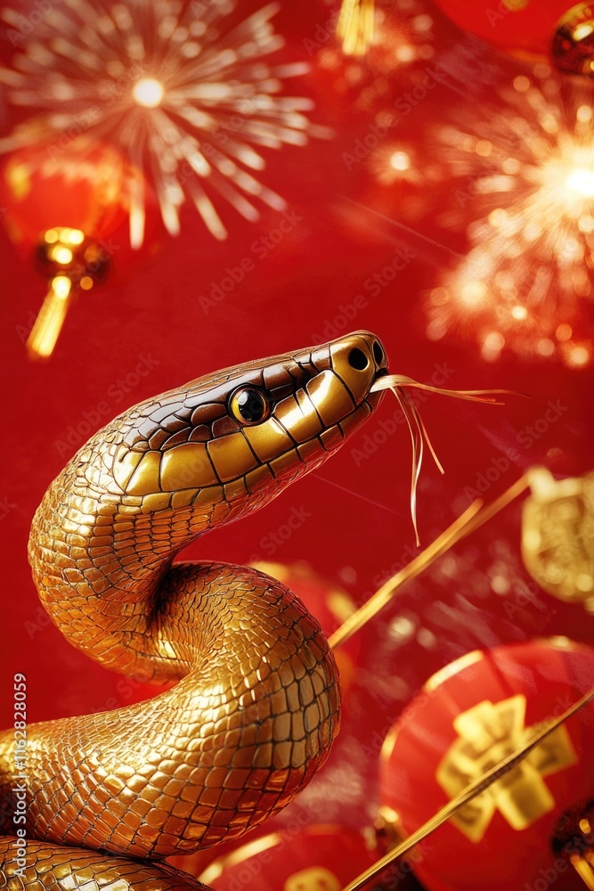 Poster a golden snake statue lit up by colorful fireworks in the background