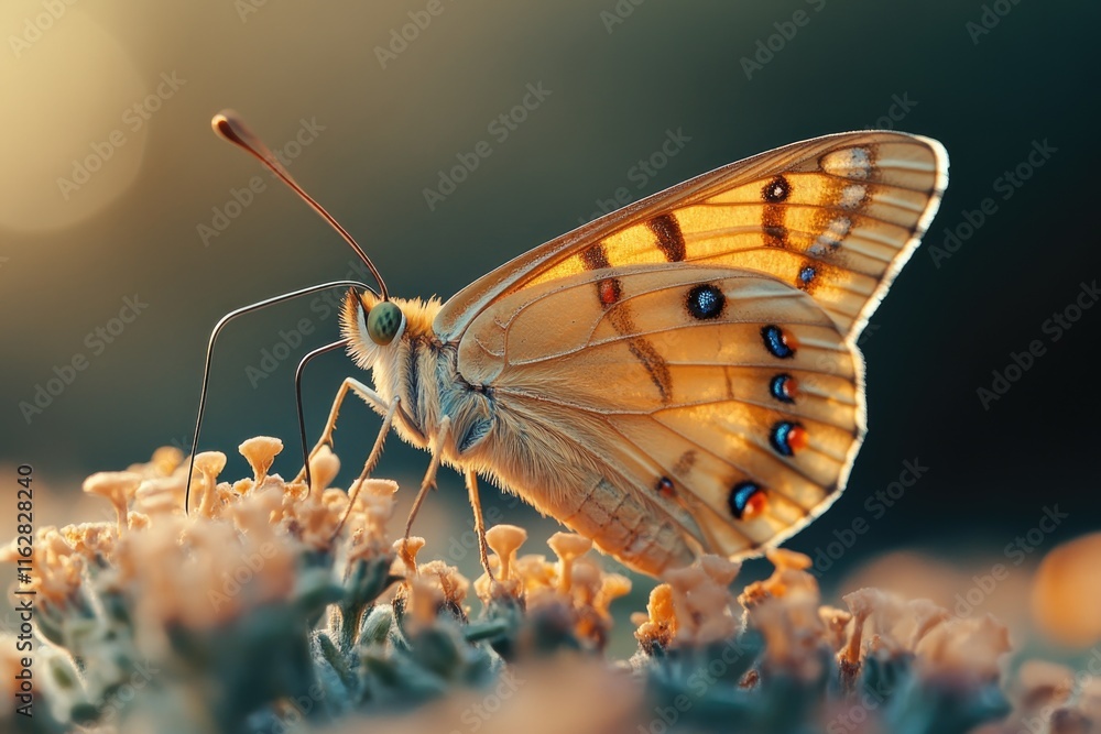 Poster a close-up view of a butterfly perched on a colorful flower, perfect for use in nature or wildlife i