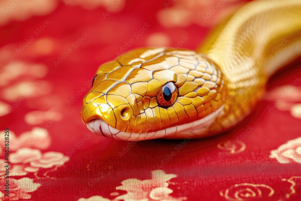 Poster A close-up shot of a snake on a vibrant red surface, perfect for illustrating reptile-related content or adding visual interest to design projects