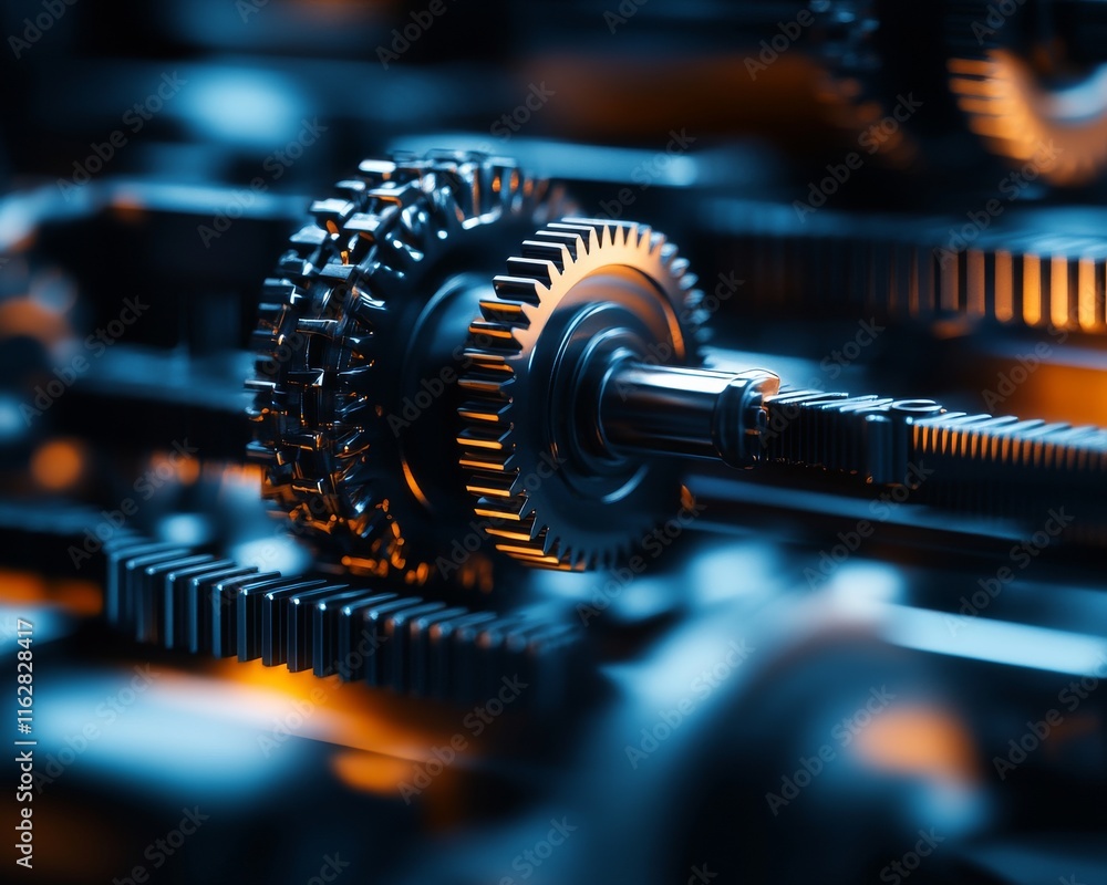 Poster close-up view of intricate gears and machinery, showcasing engineering precision and technology in i