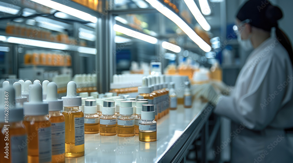 Aufkleber in the lab at the factory where worker is cosmetics are packaged.