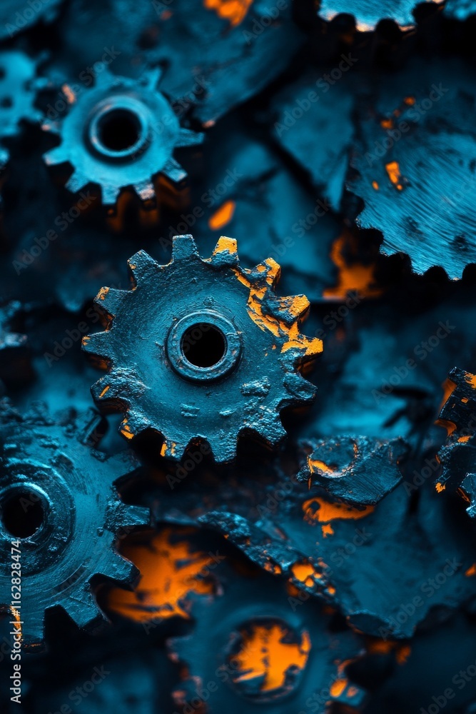 Poster close-up view of metallic gears in vibrant blue hues, showcasing intricate textures and patterns ess