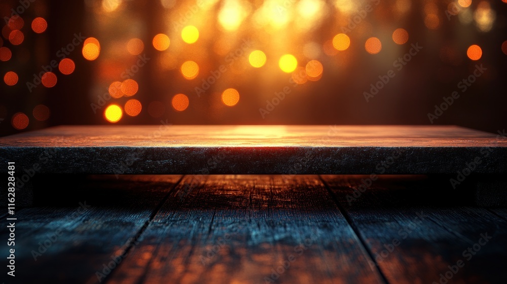 Poster rustic wooden platform with warm bokeh lights.