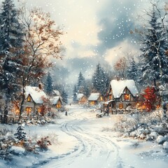 A serene winter landscape featuring a snow-covered road and surrounding trees