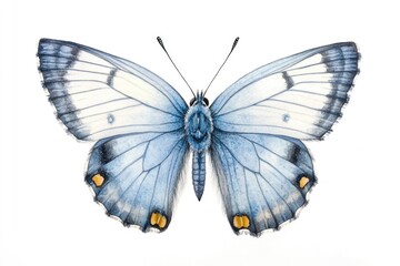 A delicate blue and white butterfly perches on a plain white background, ready for your use in various applications