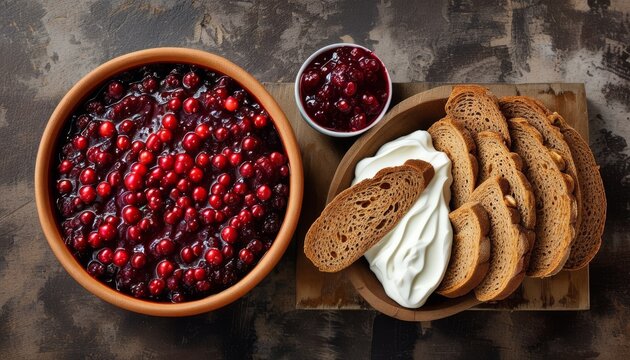 Delicious Latvian Rupjmaizes with Berry Compote and Cream on Rustic Table