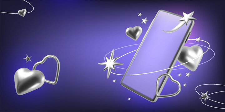 3d smartphone. Silver heart. Chrome star and confetti frame phone for Valentine day. Love glossy shape. Cellphone screen. Sparkling circles. UI display technology. Vector Y2K background
