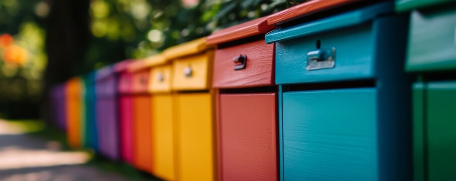 Colorful mailboxes lined along a path in a vibrant neighborhood, showcasing diverse hues and cheerful atmosphere.