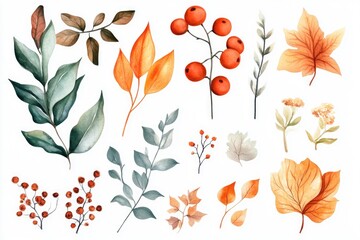 Fototapeta premium A colorful arrangement of watercolor leaves and berries