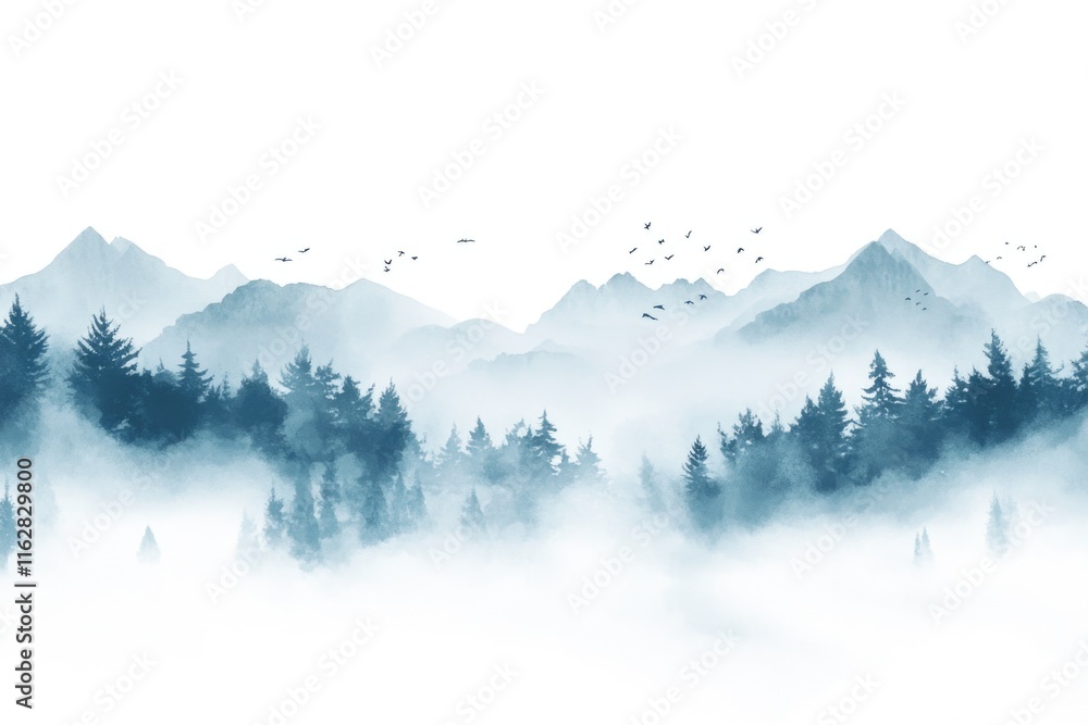 Poster group of birds soaring through the treetops in a dense forest