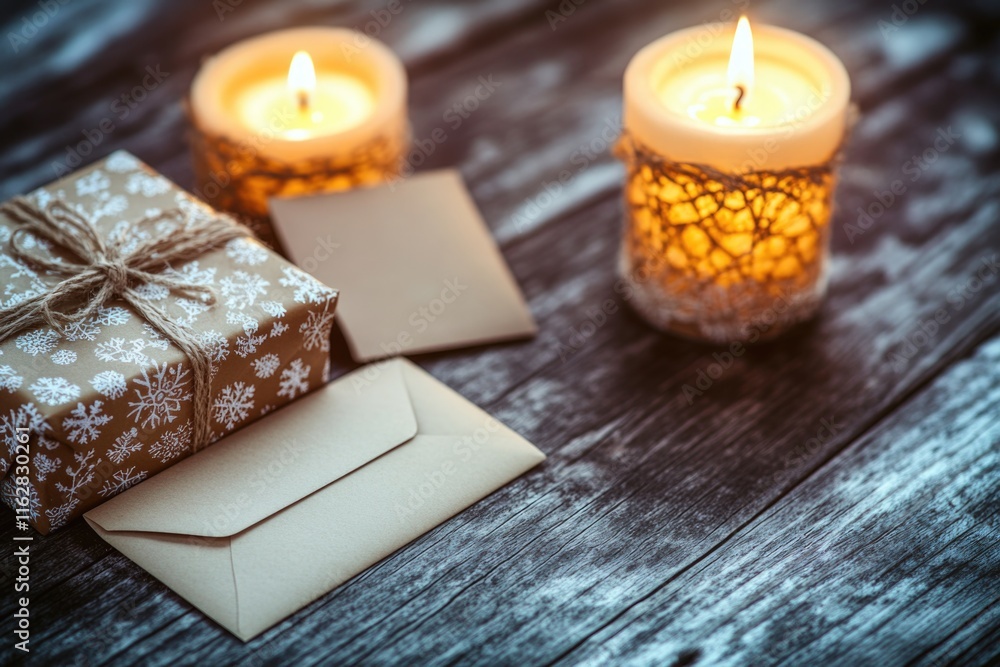 Poster a simple yet cozy scene featuring a wooden table with two candles and a wrapped gift