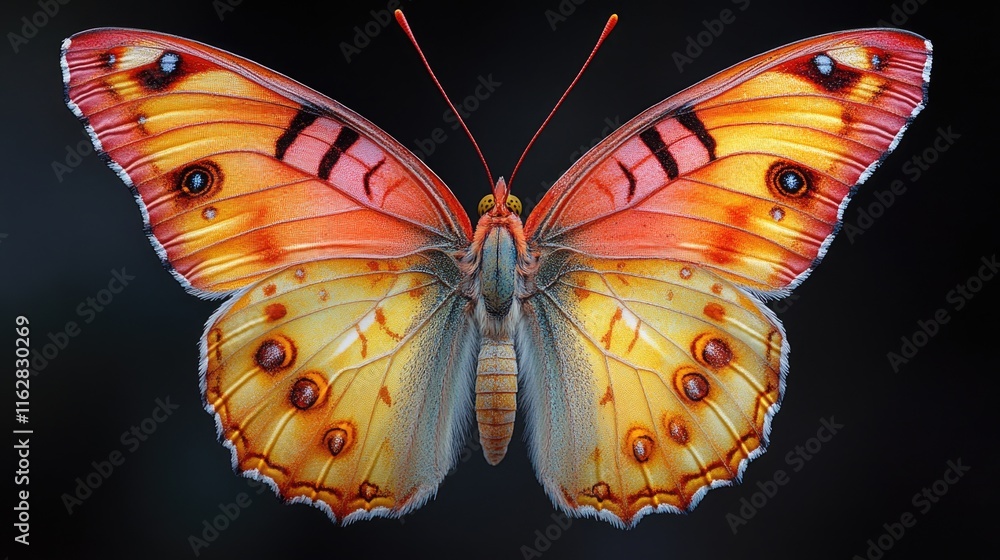 Poster a detailed view of a butterfly perched on a dark background