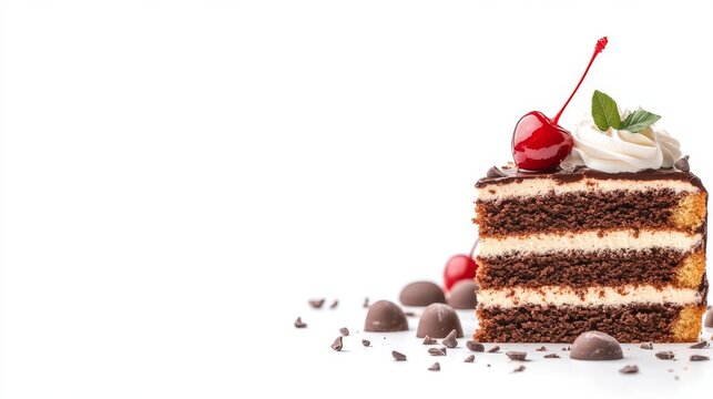 Delicious chocolate cake slice topped with cream, cherry, and mint, perfect for dessert lovers and special celebrations. - Powered by Adobe