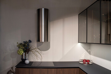 Modern kitchen interior featuring sleek ventilation and stylish decor