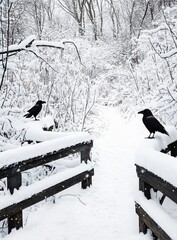 Fototapeta premium Two Crows on Snow Covered Bridge in Winter Woods