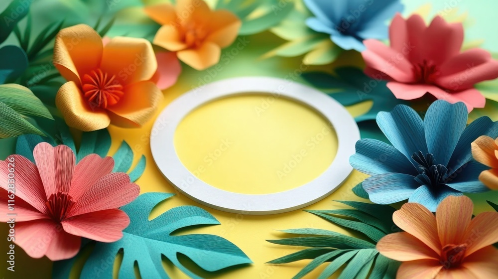 Poster a colorful circle created with paper flowers on a bright yellow surface