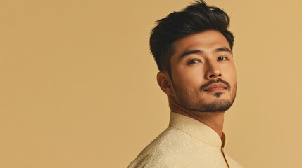 Fototapeta premium Thai Man in Traditional Attire Against Beige Background