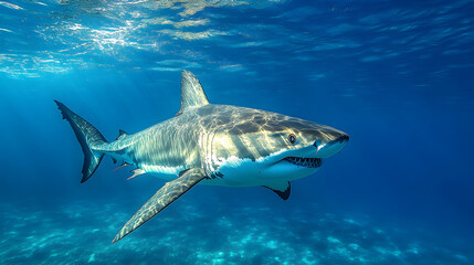 Fototapeta premium majestic shark gliding through crystal-clear blue ocean waters. A stunning depiction of marine life, showcasing the beauty and power of an apex predator in its natural habitat.