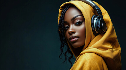 Portrait of an African woman wearing headphones and yellow hoodie, copy space