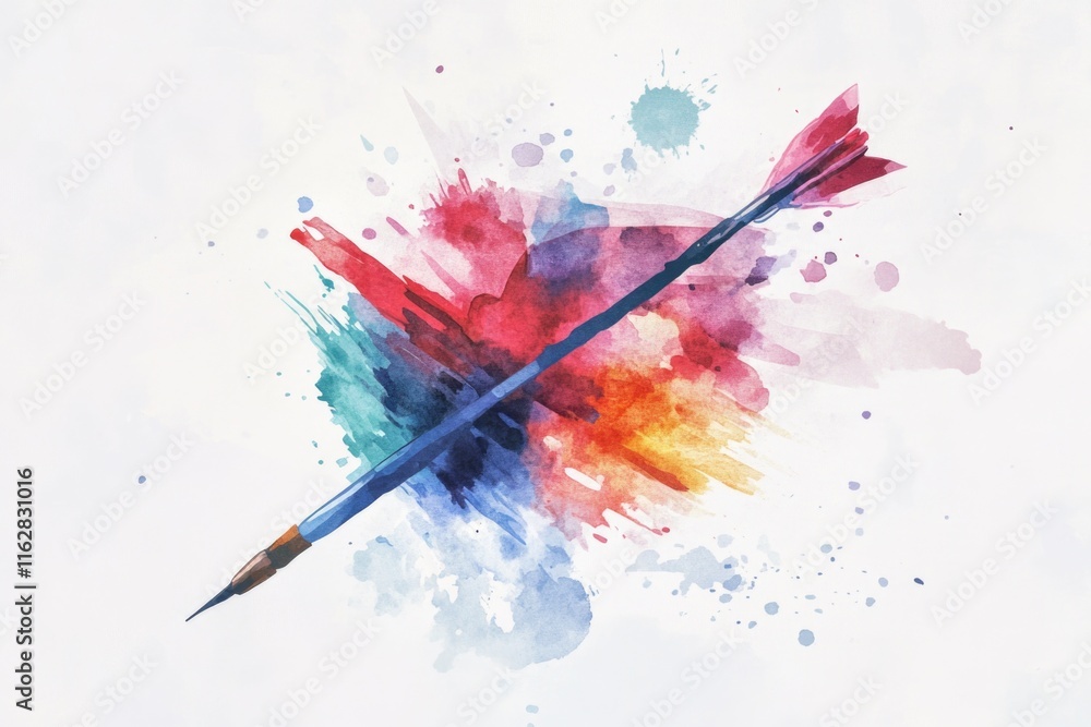 Poster a watercolor illustration of an arrow with vibrant paint splatters, perfect for use in design projec