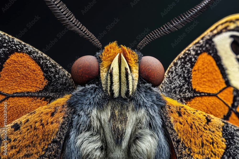 Poster a detailed look at the features of a butterfly's face, suitable for use in educational materials or 