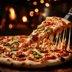 Delicious pizza with melted cheese and spicy jalapenos pulls away, served in a cozy setting with warm ambiance.