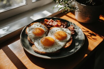 Sunny Side Up Eggs with Crispy Bacon and Toast on Warm Kitchen Counter Surrounded by Natural Light and Cozy Atmosphere