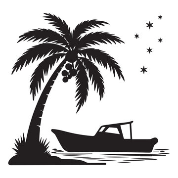 Pulm tree and boat shilaoutte vector illustration