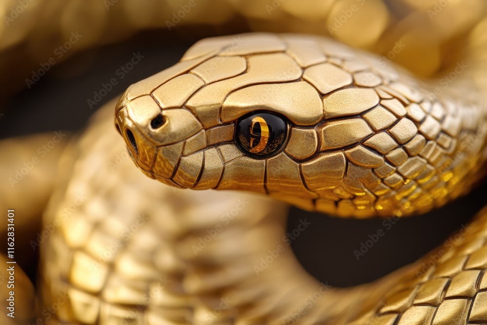 Poster a close-up view of a snake's head on a table, with intricate details and textures visible